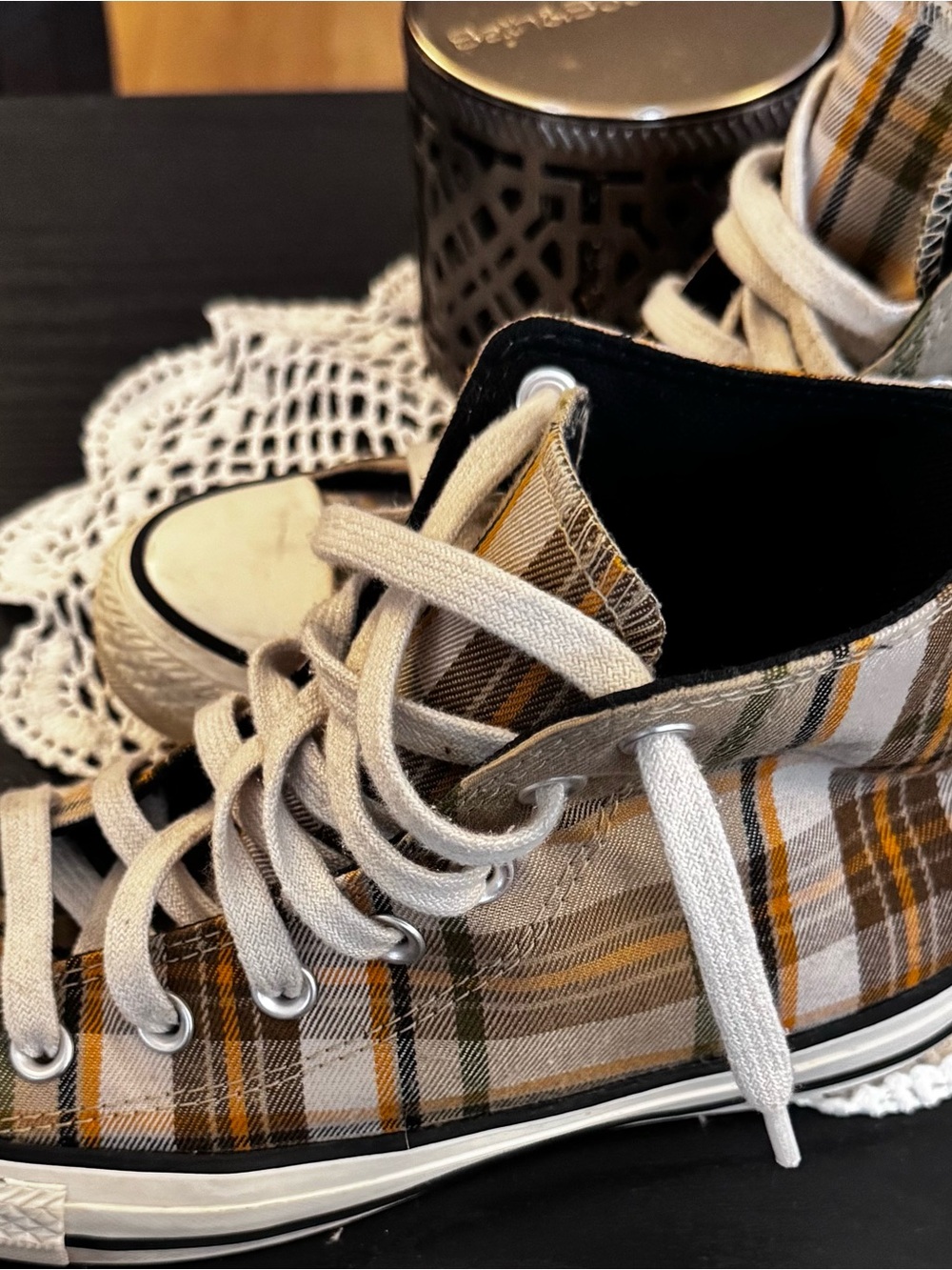 Converse Plaid High-Top Sneakers in Beige, Mustard and Black